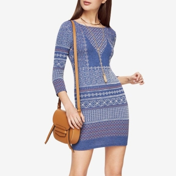 BCBGMaxAzria Blue Geometric Long Sleeve Dress - Picture 1 of 5